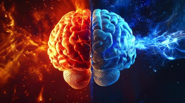 Human brain with right creative hemisphere and left logical hemisphere. AI medical, technological and scientific concept