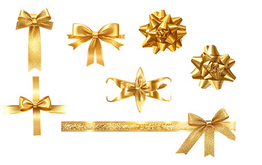 Set of gold ribbons and bows for wrapping gifts on different days on transparent background.