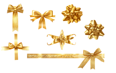 Set of gold ribbons and bows for wrapping gifts on different days on transparent background.