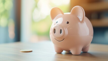 A pink piggy bank with a coin inside of it
