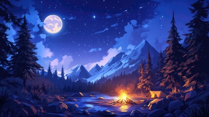 Fototapeta premium Summer camp experience featuring nighttime camping a campfire amidst a pine forest and rocky mountains set against a starry sky illuminated by moonlight Nature landscape scene