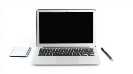 Fototapeta premium A laptop is open on a table with a pencil and a notebook