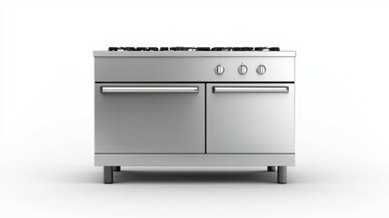 A silver stove with three knobs and a black handle