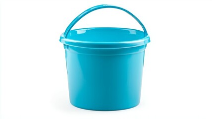 A blue bucket with a handle sits on a white background