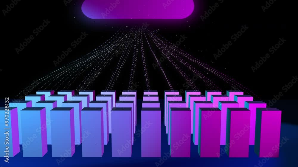 Poster Server room, cloud and storage for data for innovation, information sharing and networking. Illustration, connectivity and towers on black background for communication, AI development and technology