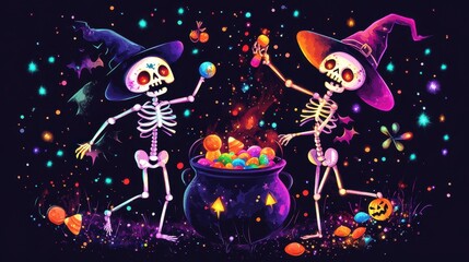 Fototapeta premium A joyful skeleton dances with a witch beside a glowing cauldron filled with vibrant potions and candy, creating a festive Halloween atmosphere