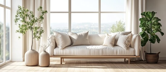 Concept of a bright Scandinavian style living room featuring a sofa vases on wooden flooring wall decor and a scenic view through a window Nordic home interior design 3D rendering