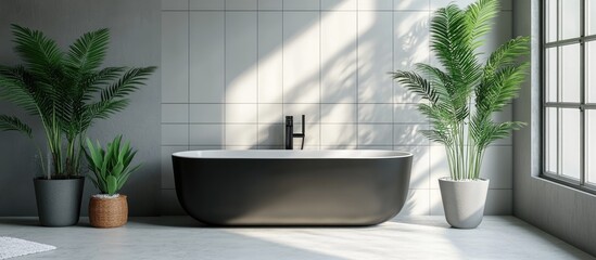 Fototapeta premium Minimalistic bathroom design featuring gray walls a white tiled floor and a black bathtub accented by a potted plant reflecting Scandinavian aesthetics 3D rendering mock up