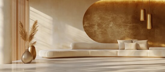 3D rendering and illustration of a modern interior scene featuring a curved wall and sofa in a sitting area complemented by a stylish lamp with a golden shine Frame mockup included