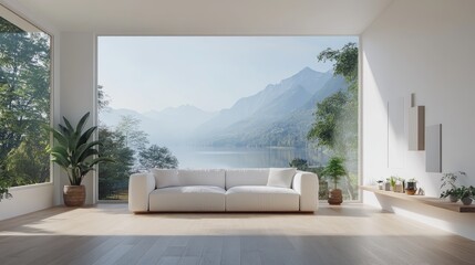 Minimalist white room featuring a sofa on a wooden floor decor on a large wall and a serene landscape visible through the window Nordic style home interior 3D visualization