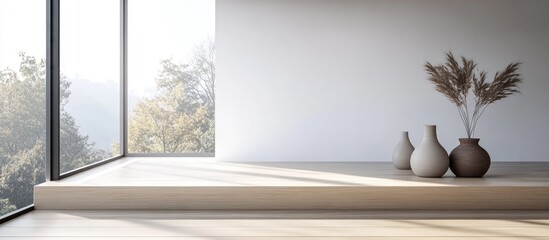 Minimalist interior of a white room featuring vases on a wooden floor decor displayed on a large wall and a scenic view through the window Modern Nordic design 3D rendering