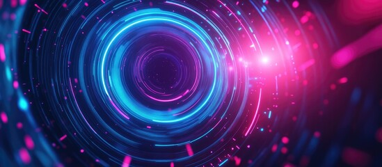 Obraz premium Dark retro futuristic cyberpunk abstract background featuring cosmic elements synthwave vaporwave and retrowave designs with a glowing blue and pink circular pattern