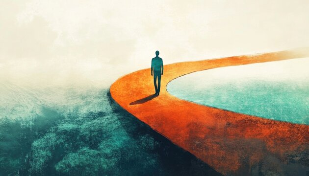 Surreal abstract illustration depicting a man changing direction symbolizing the concept of choices
