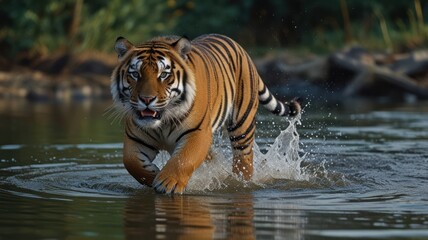 Tiger Running Through Water