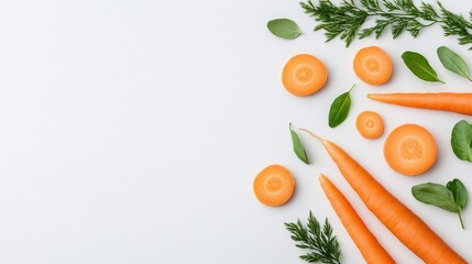 Fresh carrots sliced and arranged with green leaves on a white background. Perfect for food-related designs, cooking promotions, or health blogs with minimalist style and ample copy space for text.
