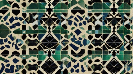 Fototapeta premium Seamless geometric raster pattern featuring shades of green black and blue in an oriental design