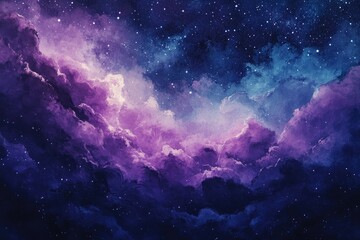Obraz premium Dreamy landscape featuring a night sky filled with stars and clouds presented in an oil painting style with vibrant purple and blue hues evoking a magical and colorful atmosphere