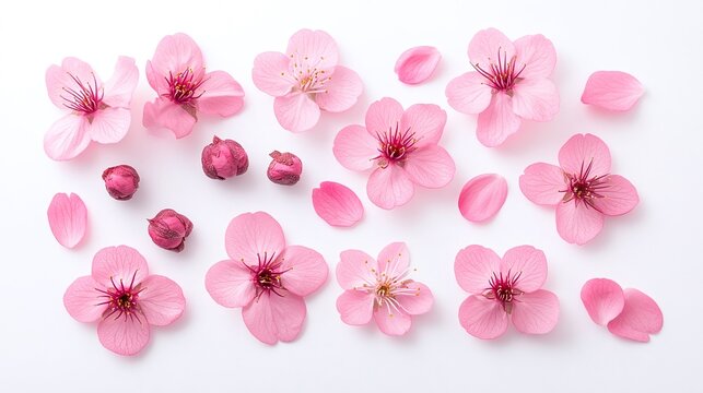 Delicate pink cherry blossoms and petals scattered on a white background. Ideal for spring-themed designs, floral banners, or romantic marketing with ample copyspace for text overlay.