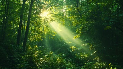 Fototapeta premium Sunbeams filtering through a dense green forest