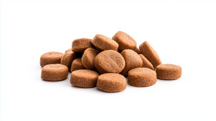 A pile of dog treats are brown and round