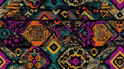 Fototapeta premium Vibrant ethnic pattern featuring geometric seamless embroidery Textile design texture with colorful backgrounds in black gold purple cyan and green