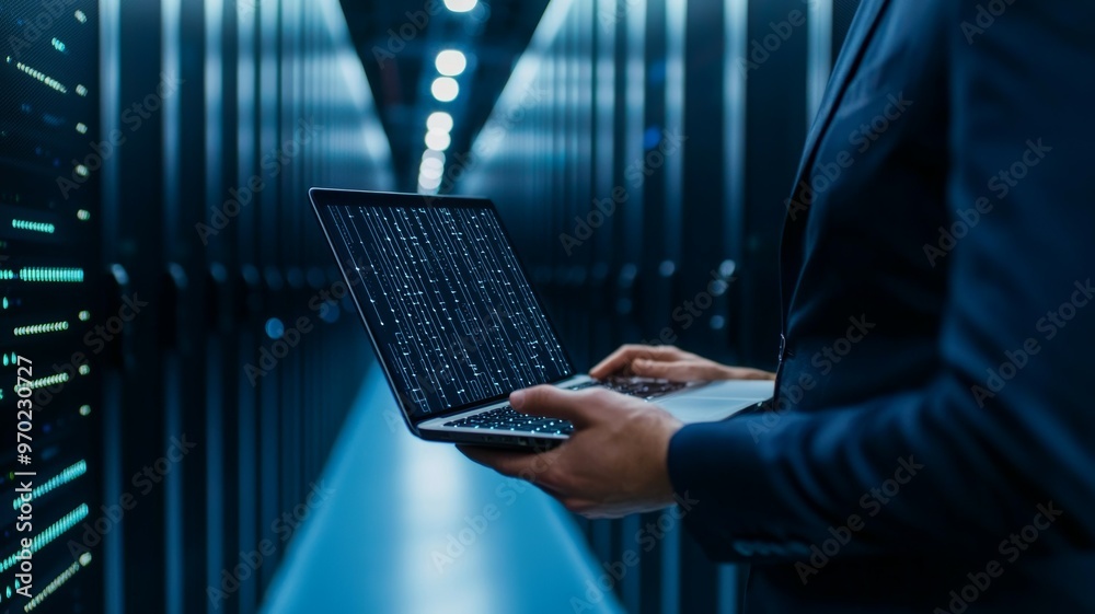 Sticker A man is holding a laptop in a dark room with a blue background