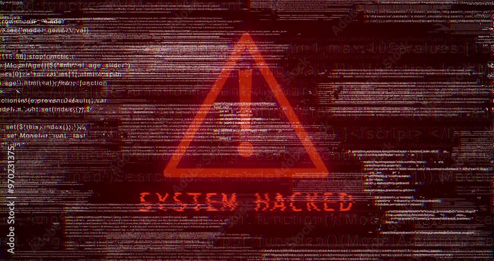 Aufkleber System, data breach and warning sign for hacking as cyber crime with information theft, security and fraud. Computer software, cloud computing and cybersecurity, protection and glitch with threat