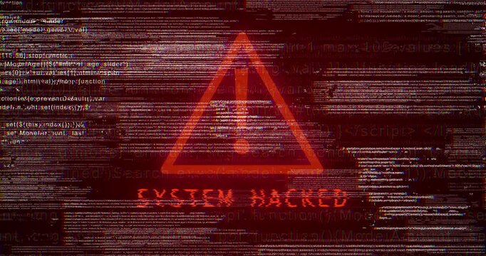 System, data breach and warning sign for hacking as cyber crime with information theft, security and fraud. Computer software, cloud computing and cybersecurity, protection and glitch with threat