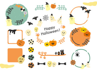 ハロウィーン  可愛い手書き風 ベクターイラストタイトル素材セット　カラフル　楽しい