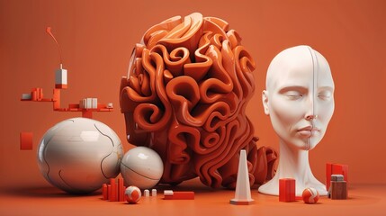 Abstract Orange Sculpture with Human Face and Geometric Shapes