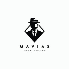MAFIA logo character silhouette man head in hat. Vintage vector illustration