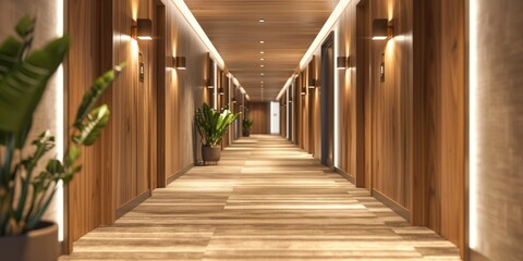 Obraz premium Long hotel corridor with wooden walls
