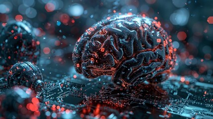 Futuristic Digital Brain on Circuit Board with Glowing Elements