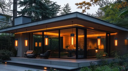 Obraz premium Modern home with warm lighting and glass walls, surrounded by nature.
