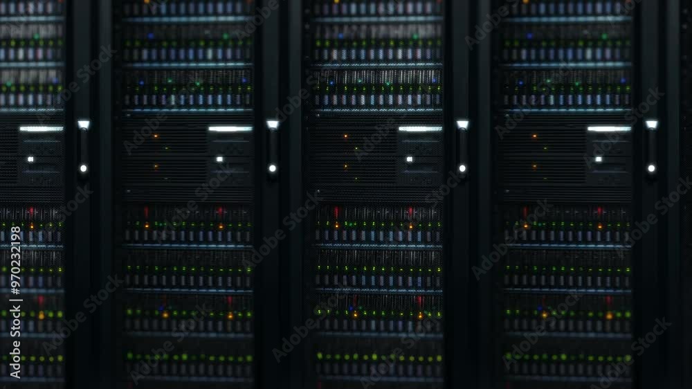 Poster Empty server room, information technology and light with connection, hardware and digital infrastructure. Big data center, interior and cybersecurity for storage, futuristic system and machine