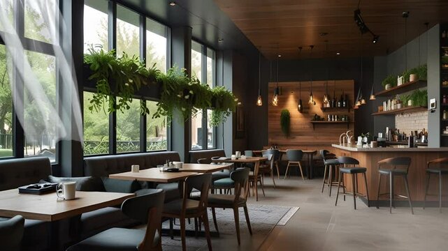 Cafe restaurant with wall decorations full of ornamental plants. Seamless 4K looping timelapse video animation background