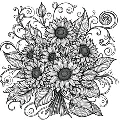 stylized bouquet of sunflowers with swirling leaves coloring page 
