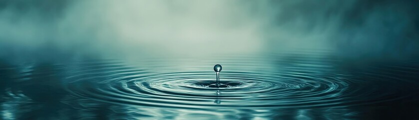 A serene moment captured as a single water droplet creates ripples in a tranquil blue lake, inviting calm and reflection.