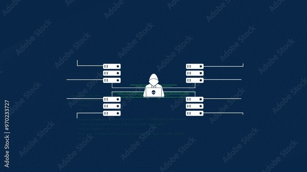Poster Animation, hacking or data protection for network or ai training in cybersecurity. Software engineer, technology or computer programming with future, dark web or blockchain on blue studio background