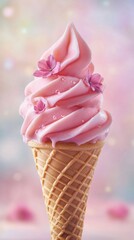 Pink ice cream cone with flowers on