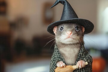 Obraz premium A cute pet wearing a witch hat and holding a broom, perfect for Halloween-themed imagery and animal lovers.