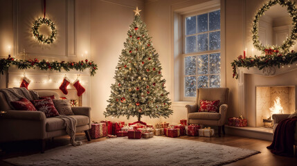 Gifts under Christmas tree in cozy luxury modern living room with fireplace and festive decorations, white walls and wooden floor, with warm lights and snowy view through windows, magical atmosphere