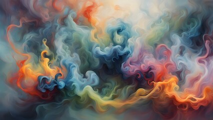 Fototapeta premium Abstract colorful background with swirling smoke-like shapes in shades of blue, red, orange, green and yellow.