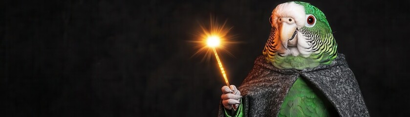 Parrot in a wizard cloak casting a spell with a glowing wand, Parrot wizard costume, fantastical avian wizardry
