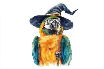 Parrot wearing a witch hat with a magic wand in its beak, Parrot witch costume, avian magical theme