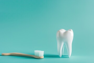 Tooth and toothbrush on blue background. Dental care concept