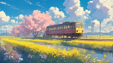 Trains, scenery with trains, tranquil, magnificent, gentle, longing, nostalgic, landscape, mountain, nature, sky, railroad, railway, locomotive, diesel, 
four seasons, spring, autumn, winter, summer, 