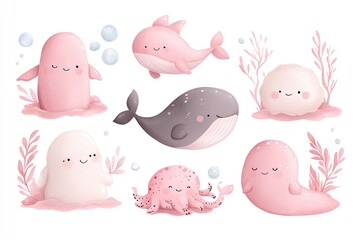 Adorable pastel-colored sea creatures, including whales, octopuses, and seals, with a soft pink and white palette. Ideal for children's designs, nursery decor, or playful backgrounds with ample copysp