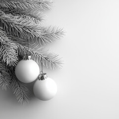 Minimalist Christmas Design with Frosted Pine Branch and White Ornaments on Clean Background