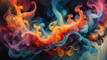 Abstract colorful smoke swirls on a black background.